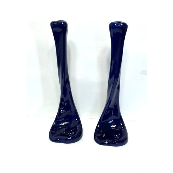 Elsa Peretti for Tiffany Dog Bone Candlesticks Set of 2 Blue Glossy Ceramic - Picture 1 of 10